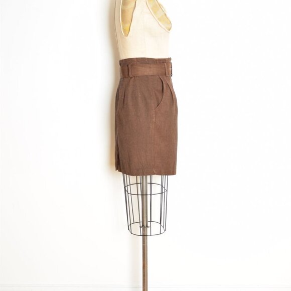 vintage 80s pencil skirt brown high waisted wide belt belted narrow mini skirt S - Picture 4 of 8